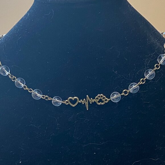 Genuine Clear Quartz Short Necklace,Bronze Paw Print Heart Beat Natural Gemstone - Picture 3 of 16